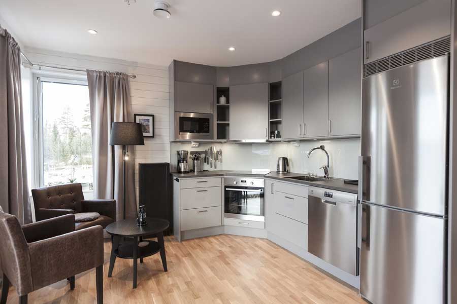 Keuken in de Gullbrändan appartementen van Kläppen, Zweden 